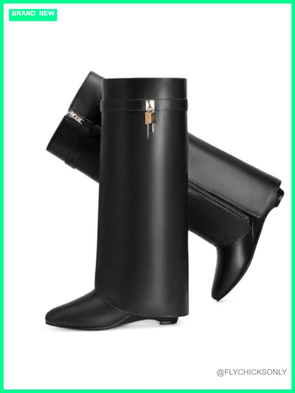 Faux Leather Knee High Fold Over Wedge Boots Pointed Toe Side Zip